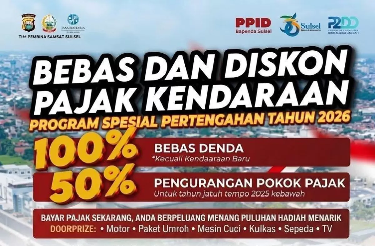 Pemerintah Provinsi Sulawesi Selatan meluncurkan Program Spesial Pertengahan Tahun 2026 yang berlaku sepanjang Juni 2026. Melalui program ini, masyarakat dapat menikmati pembebasan denda Pajak Kendaraan Bermotor dan SWDKLJJ, serta potongan pokok pajak kendaraan hingga 50 persen untuk kendaraan yang jatuh tempo tahun 2025 dan sebelumnya.
