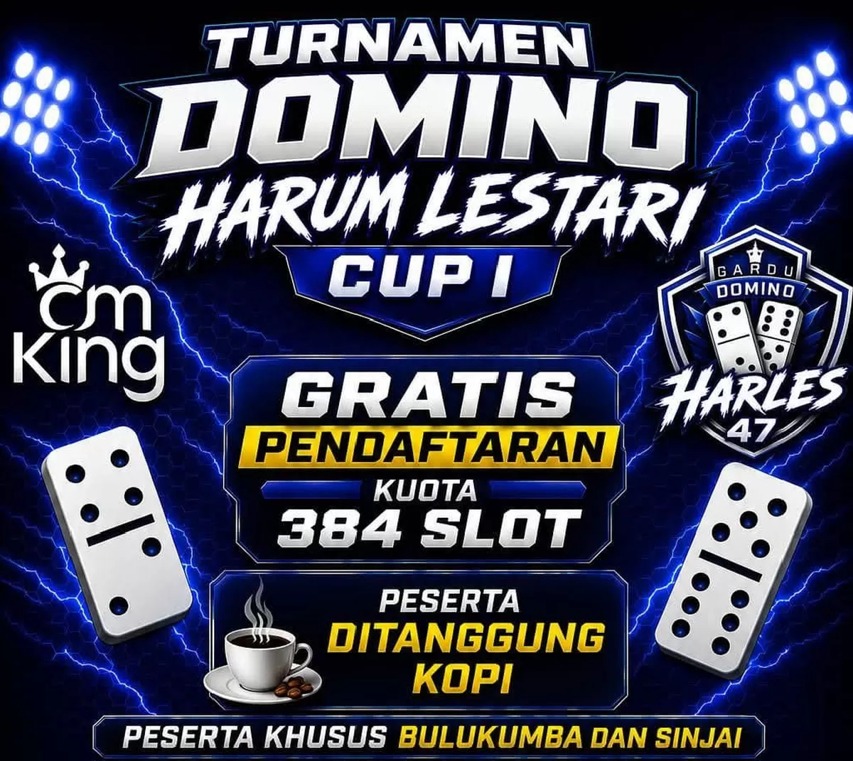 Poster resmi Turnamen Domino Harum Lestari Cup I yang akan digelar di GOR Bulukumba dengan pendaftaran gratis dan total hadiah menarik bagi para pemenang.