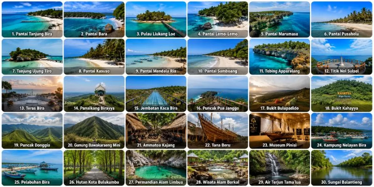 Kolase sejumlah destinasi wisata unggulan di Kabupaten Bulukumba, Sulawesi Selatan. Mulai dari Pantai Tanjung Bira, Tebing Apparalang, Pulau Liukang Loe, kawasan adat Ammatoa Kajang hingga sentra pembuatan kapal Pinisi di Tana Beru yang menjadi daya tarik wisatawan lokal maupun mancanegara.