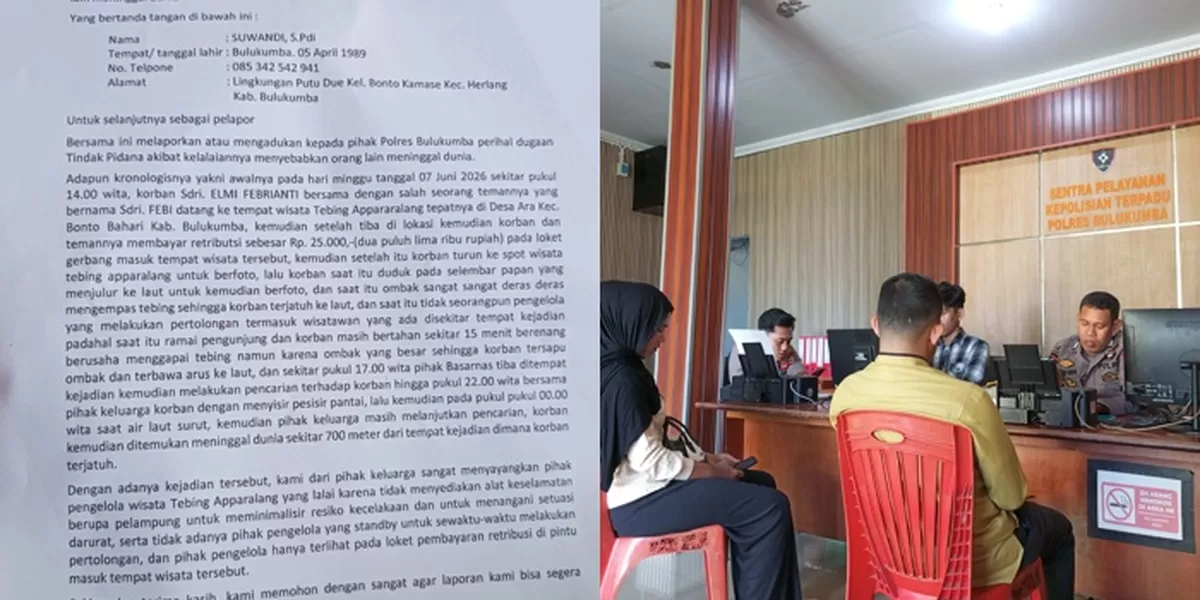 Keluarga Elmi Febrianti resmi mengajukan laporan pengaduan ke Polres Bulukumba terkait dugaan kelalaian pengelola wisata Tebing Apparalang yang diduga berkontribusi terhadap insiden yang menewaskan korban.