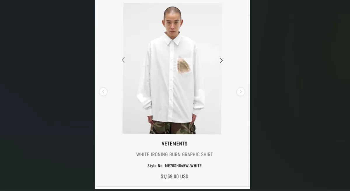 Vetements kemeja dengan bekas gosong setrika (Screenshot Vetements)