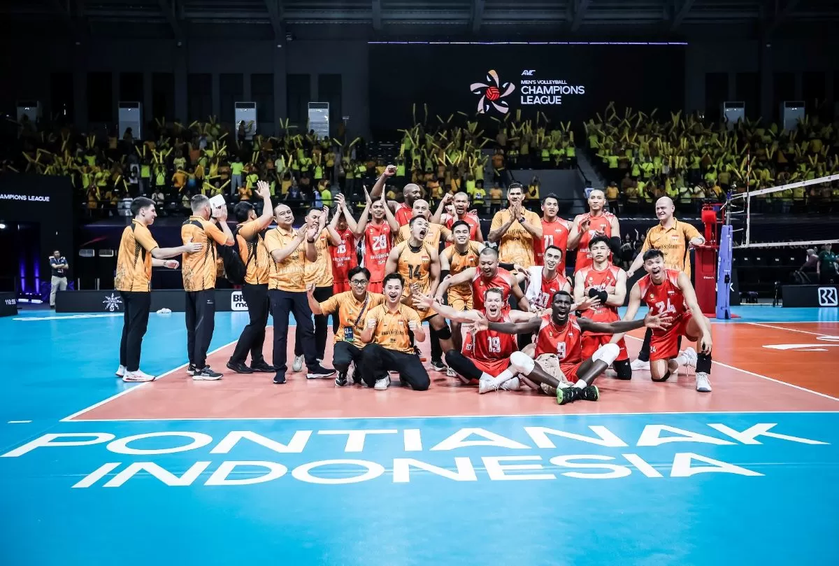 Tim Jakarta Bhayangkara Presisi memetik kemenangan atas Zhaiyk VC pada laga perdana AVC Men&rsquo;s Volleyball Champions League 2026 di Pontianak, Rabu (14/5/2026).