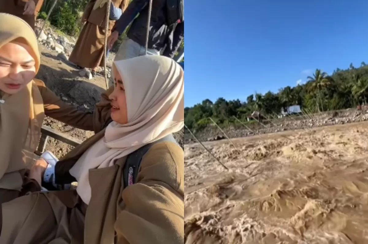 Menyoroti viralnya perjuangan guru di Aceh Tengah usai wilayahnya terdampak bencana banjir bandang hingga membuat jembatan terputus. (Instagram.com/@undercover.id) (Instagram.com/@undercover.id)