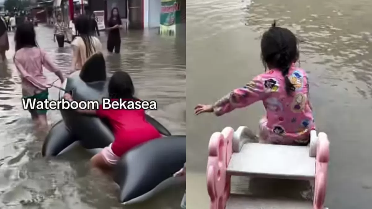 Anak-anak bermain air saat banjir di Bekasi. (Instagram/infobekasi.coo - nf_lauraa)