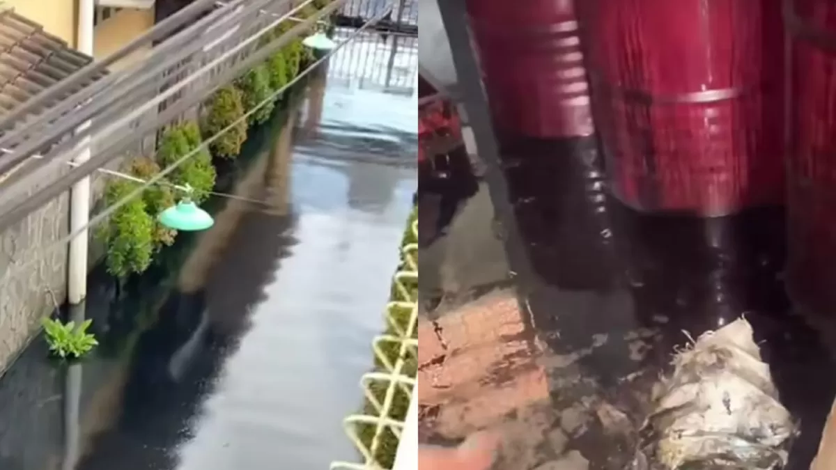 Banjir berwarna hitam di Sukoharjo, Jawa Tengah karena tercampur oli. (Instagram/infocegatansukoharjo)