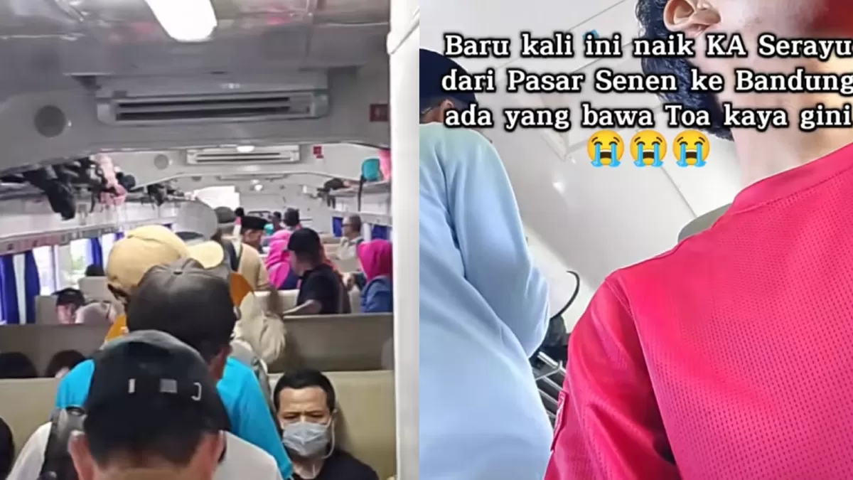 Momen penumpang pakai toa di dalam gerbong KA Serayu. (TikTok/agungsetiawan2260)