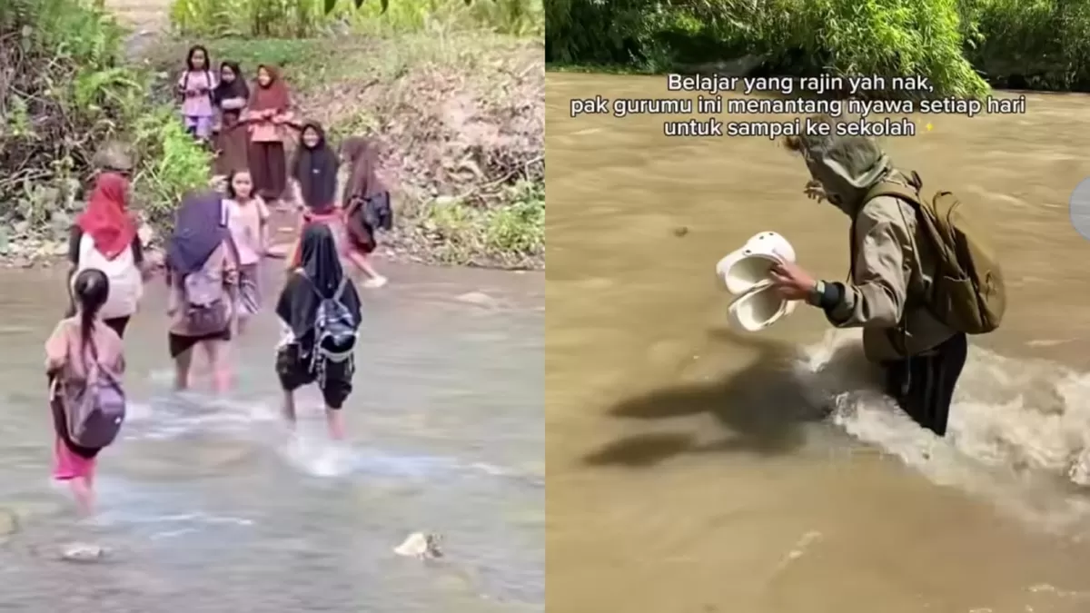 Siswa dan guru di Sulawesi Tengah harus menyeberangi sungai saat pergi sekolah.  ((Instagram/najib_nadir))