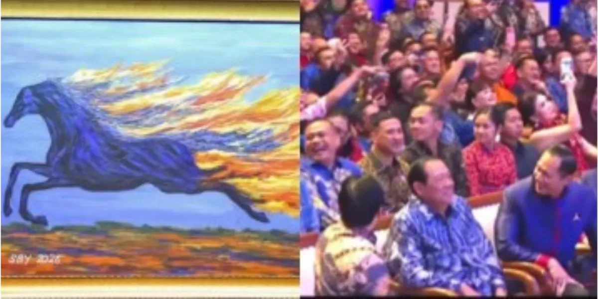 Mengintip lukisan &lsquo;kuda api&rsquo; karya tokoh Presiden ke-6 RI, Susilo Bambang Yudhoyono (SBY) yang laku Rp6,5 miliar di lelang.  ((Instagram.com/@undercover.id))