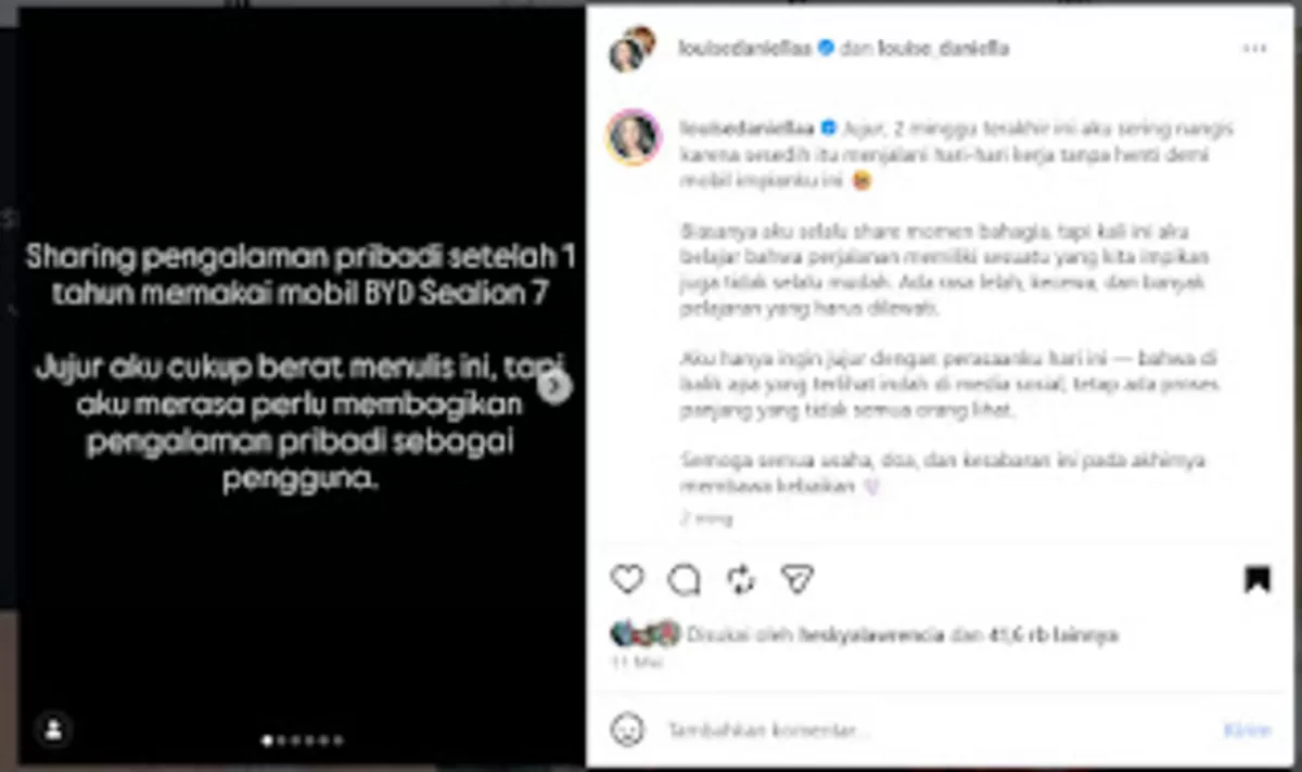 Unggahan Louise Daniella di Instagram yang menceritakan pengalaman pribadinya sebagai pengguna BYD Sealion 7. (Instagram/@louisedaniellaa)