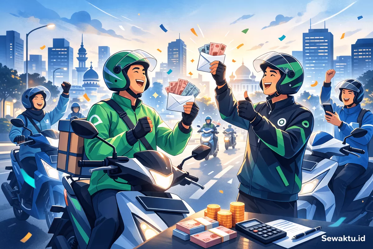 Ilusrasi jadwal pencairan, besaran bonus, dan syarat penerimaan Bonus Hari Raya (BHR) 2026 ojol Gojek, Grab, Maxim, ShopeeFood, dan inDrive.