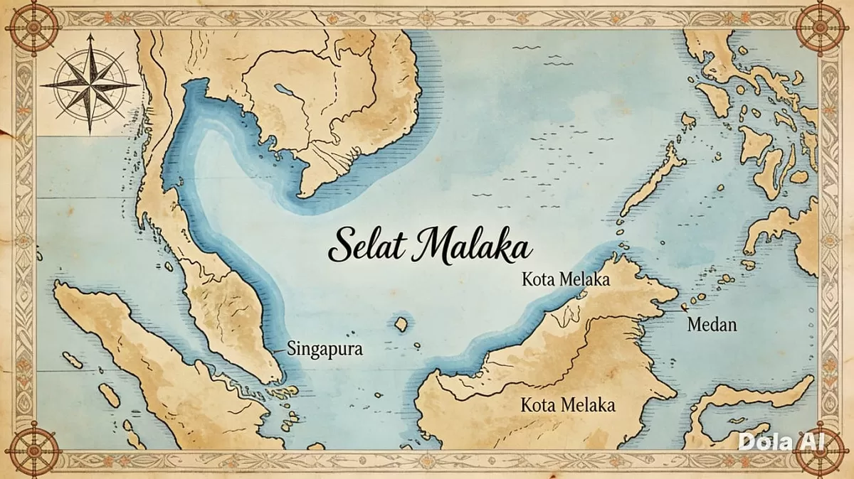 Aktivitas kapal di Selat Malaka tetap berjalan normal setelah pemerintah memastikan tidak ada kebijakan pajak baru bagi pelayaran internasional.  (Dok. Kreasi Dola AI)