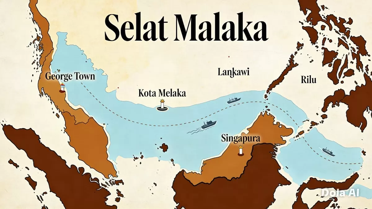 Selat Malaka terlihat dari udara sebagai jalur pelayaran tersibuk dunia yang menghubungkan dua samudra besar. (Dok. Kreasi Dola AI)
