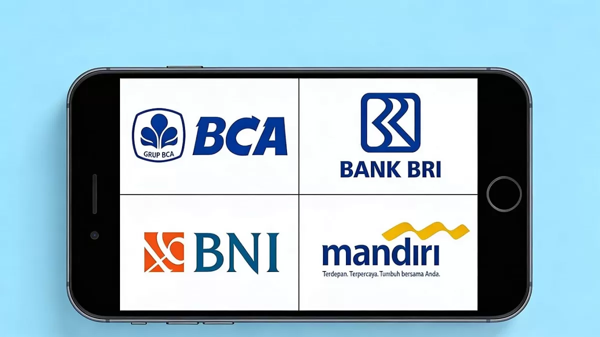 Empat bank besar yaitu PT Bank Negara Indonesia Tbk (BBNI), PT Bank Central Asia Tbk (BBCA), PT Bank Rakyat Indonesia Tbk (BBRI), dan PT Bank Mandiri Tbk (BMRI). mendapat outlook negatif dari Fitch Ratings. (Dok. Kreasi Dola AI)