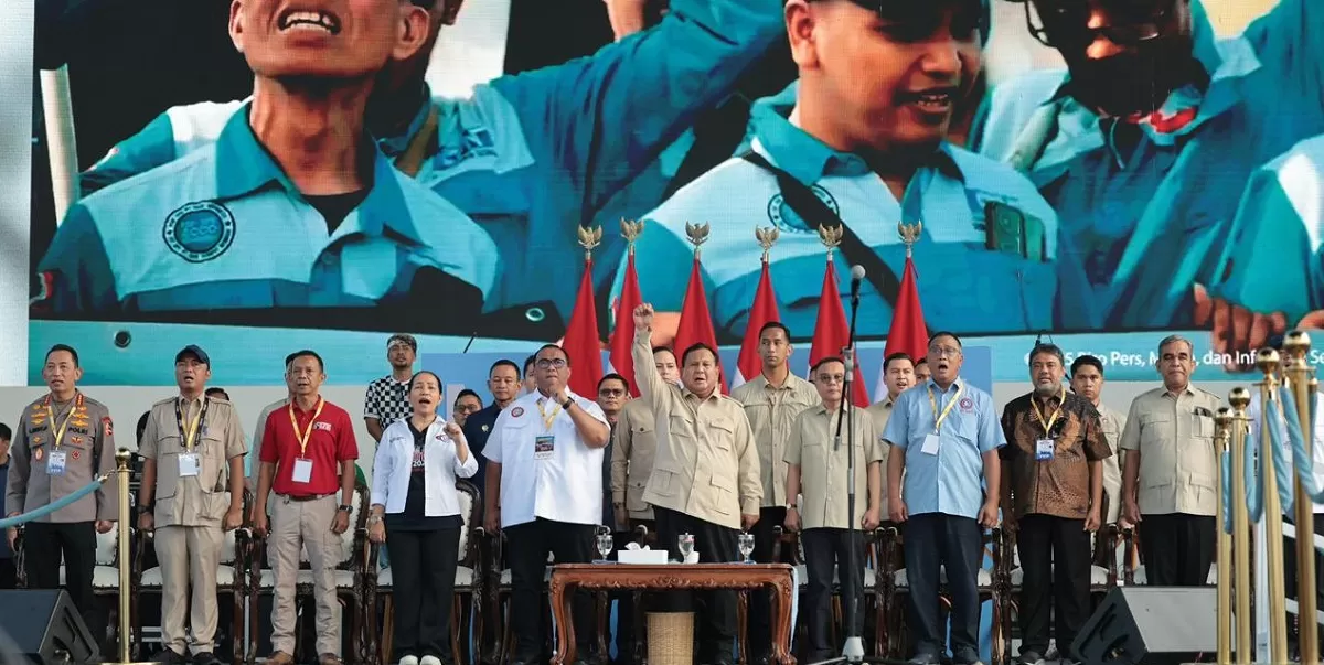Presiden RI Prabowo Subianto di panggung perayaan May Day 2026, di Lapangan Monas, Jakarta. (Dok. Bakom RI)
