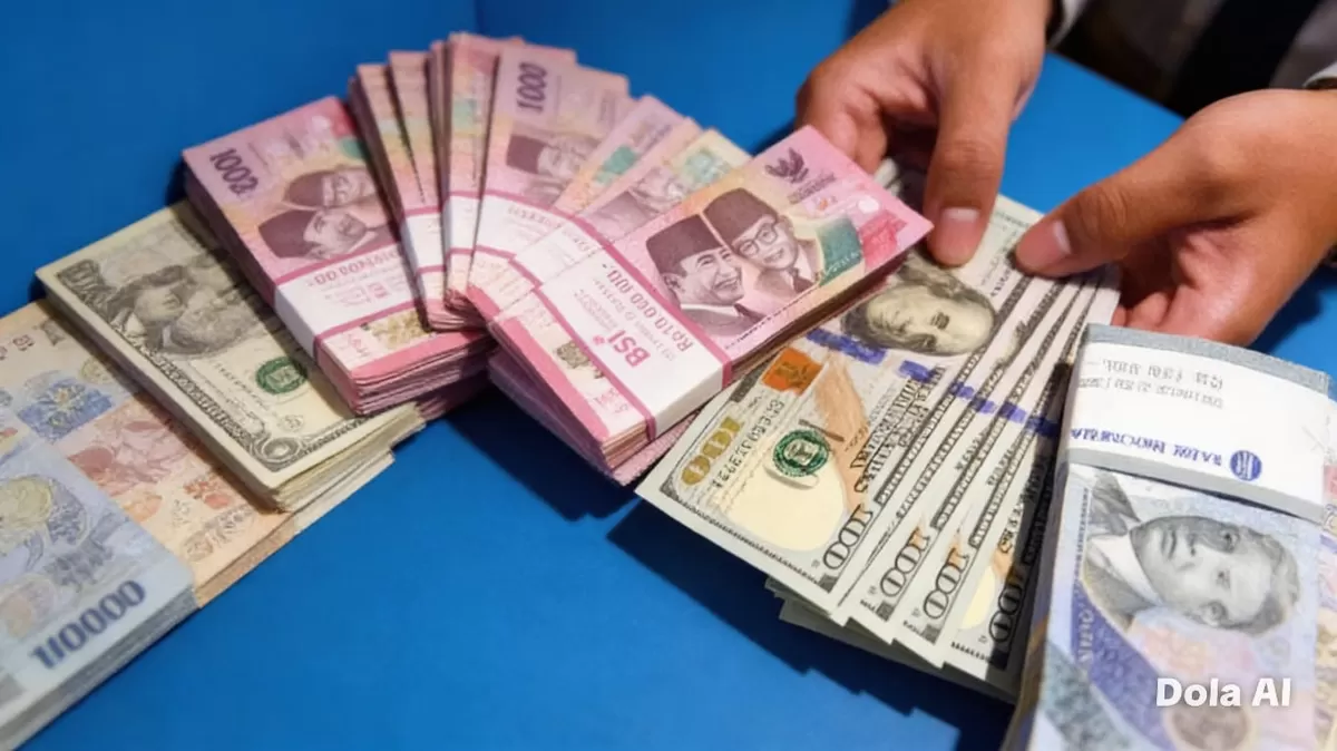 Nilai tukar rupiah melemah lewati Rp17.500 per Dolar AS di tengah ketegangan global, memicu kekhawatiran terhadap stabilitas ekonomi nasional. (Dok. Kreasi Dola AI) (Dok. Kreasi Dola AI)