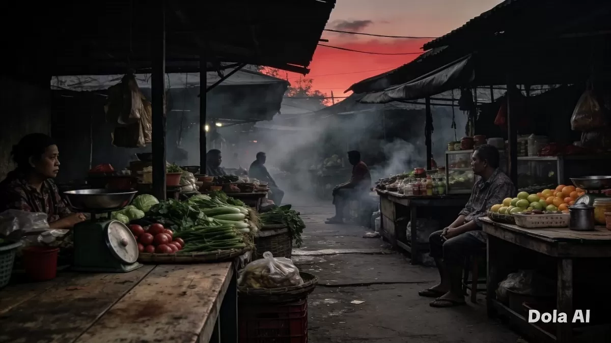 Aktivitas pasar tradisional di desa yang mulai merasakan tekanan kenaikan harga akibat pelemahan rupiah terhadap Dolar AS. (Dok. Kreasi Dola AI)