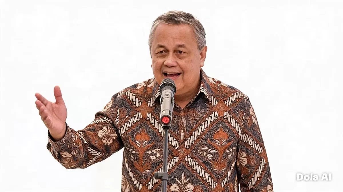 Anthony Budiawan menjelaskan pelemahan rupiah lebih dipengaruhi masalah struktural ekonomi dibanding faktor teknis kebijakan moneter. Gubernur BI Perry Warjiyo (Dok. Hallo.id /Kreasi Dola AI)
