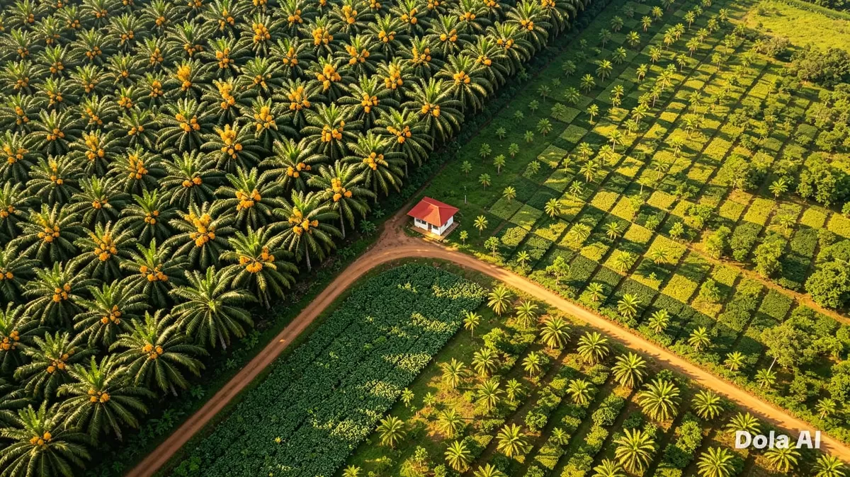 Aktivitas industri sawit terkait kasus PT Musim Mas yang kini menjadi perhatian publik dan aparat penegak hukum di Riau, Ilustrasi kebun sawit.  (Dok. Kreasi Dola AI)