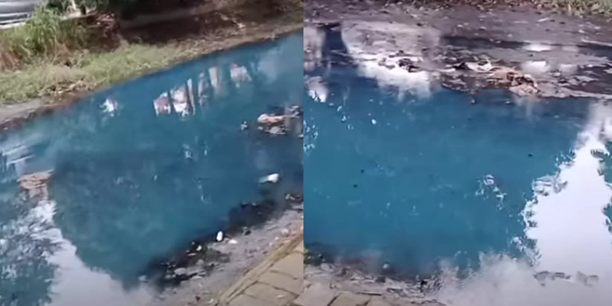 Aliran Air Kali Rawalumbu Bekasi mendadak berubah warna menjadi biru pada Sabtu (16/5/2026). (sc instagram/bekasi.terkini)
