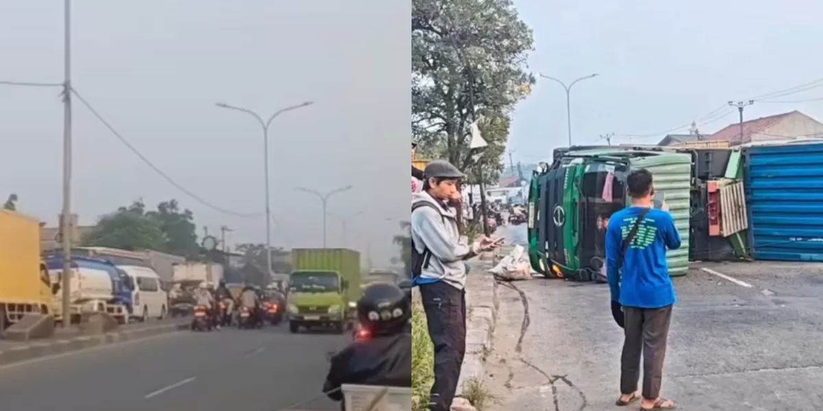 Proses evakuasi truk kontainer di Kedungwaringin Bekasi sempat menyebabkan kemacetan panjang pada Kamis (4/6/2026) pagi. (instagram/liputanwargacibitung)