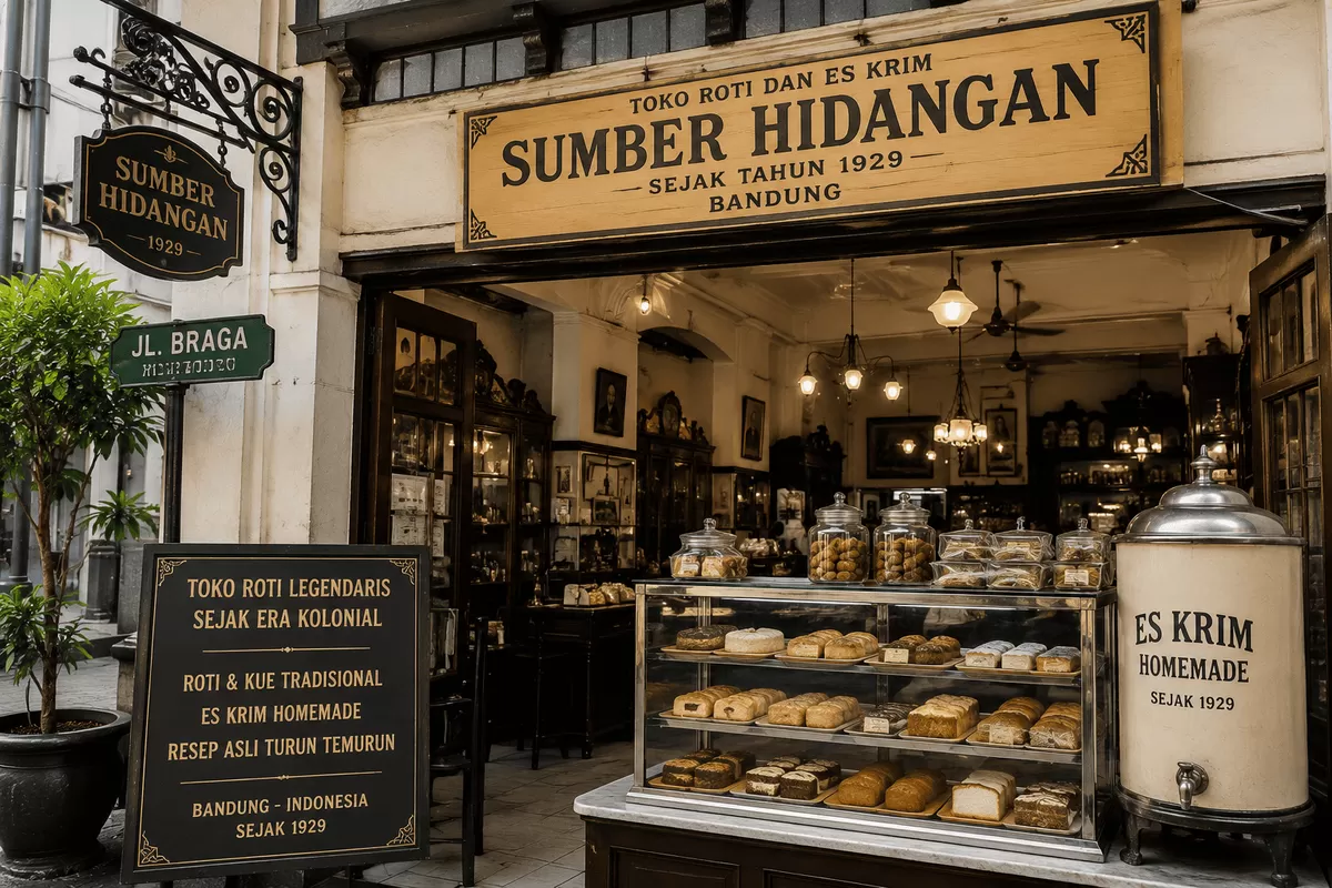 Sumber Hidangan di kawasan Braga, Bandung, menjadi salah satu toko roti legendaris yang masih mempertahankan resep tradisional dan nuansa bangunan bergaya kolonial. Tempat ini dikenal dengan aneka roti klasik serta es krim homemade yang tetap diminati wisatawan hingga kini