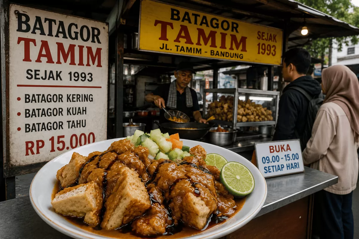 Batagor Tamim menjadi salah satu kuliner legendaris di Bandung yang telah dikenal sejak 1993. Cita rasa khas dengan balutan bumbu kacang kental, tahu dan adonan ikan yang renyah, serta harga yang terjangkau membuat jajanan kaki lima ini selalu ramai diburu warga maupun wisatawan.
