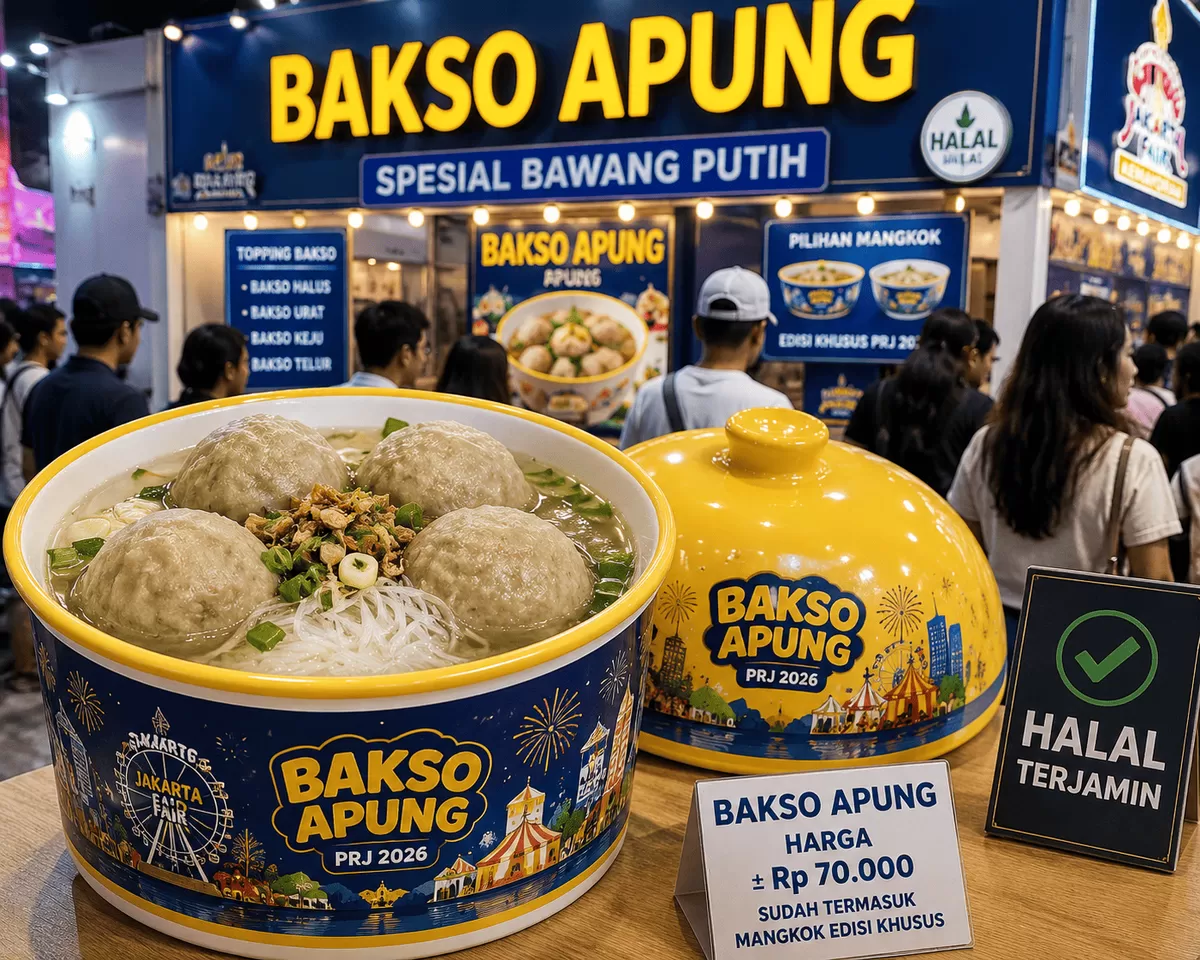 Gerai Bakso Apung menjadi salah satu kuliner yang paling diburu pengunjung di Pekan Raya Jakarta (PRJ) 2026. Selain menawarkan kuah gurih dengan aroma bawang putih yang khas, stan ini juga menghadirkan mangkuk edisi khusus yang menjadi daya tarik tersendiri bagi para kolektor dan pencinta kuliner.