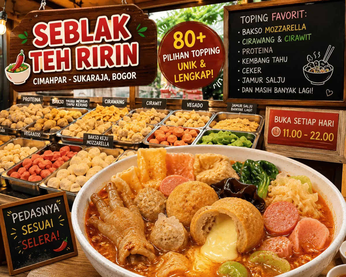 Ilustrasi semangkuk Seblak Teh Ririn dengan aneka topping unik, termasuk bakso mozzarella homemade, cirawang, dan ceker yang menjadi favorit pencinta kuliner di Bogor.