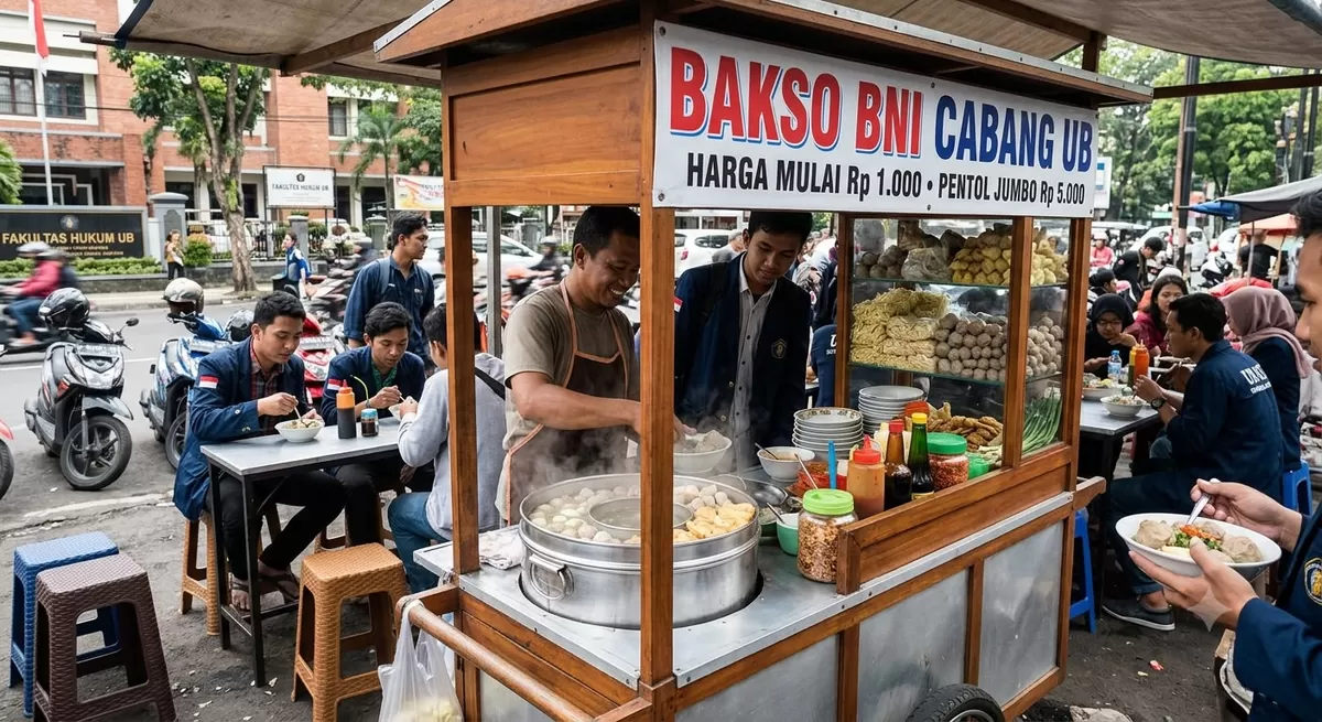 Bakso legendaris dekat UB yang selalu ramai! Harga mulai Rp1.000, pentol lembut, gorengan super crunchy. Wajib coba kalau ke Malang!