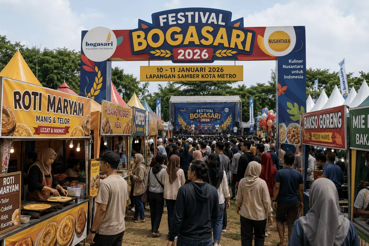 Festival Bogasari 2026 di Kota Metro berlangsung meriah dengan puluhan stan kuliner Nusantara yang dipadati pengunjung. Acara ini menjadi ajang promosi UMKM sekaligus memperkenalkan kekayaan kuliner Indonesia.