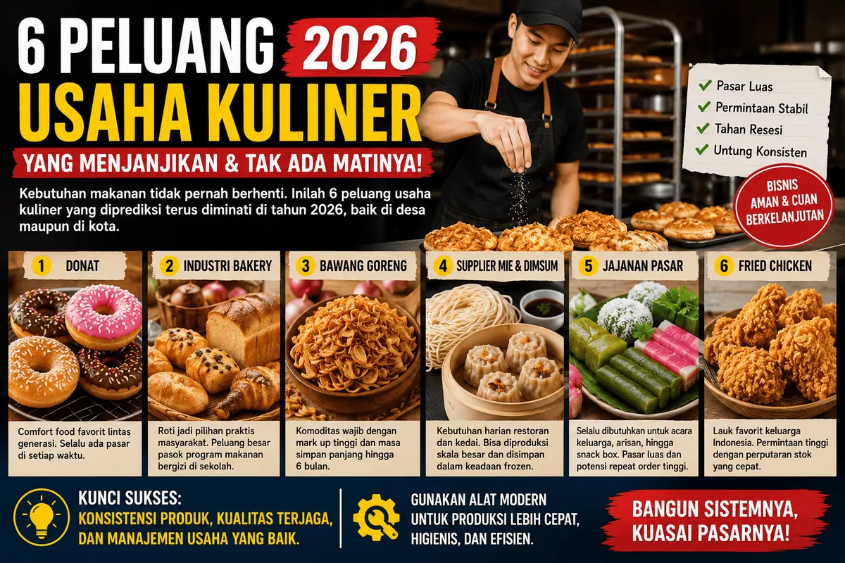 Bisnis kuliner tetap menjadi salah satu peluang usaha paling menjanjikan di 2026. Mulai dari donat, bakery, bawang goreng, hingga fried chicken, setiap segmen memiliki pasar yang luas dan permintaan yang terus tumbuh seiring kebutuhan masyarakat.
