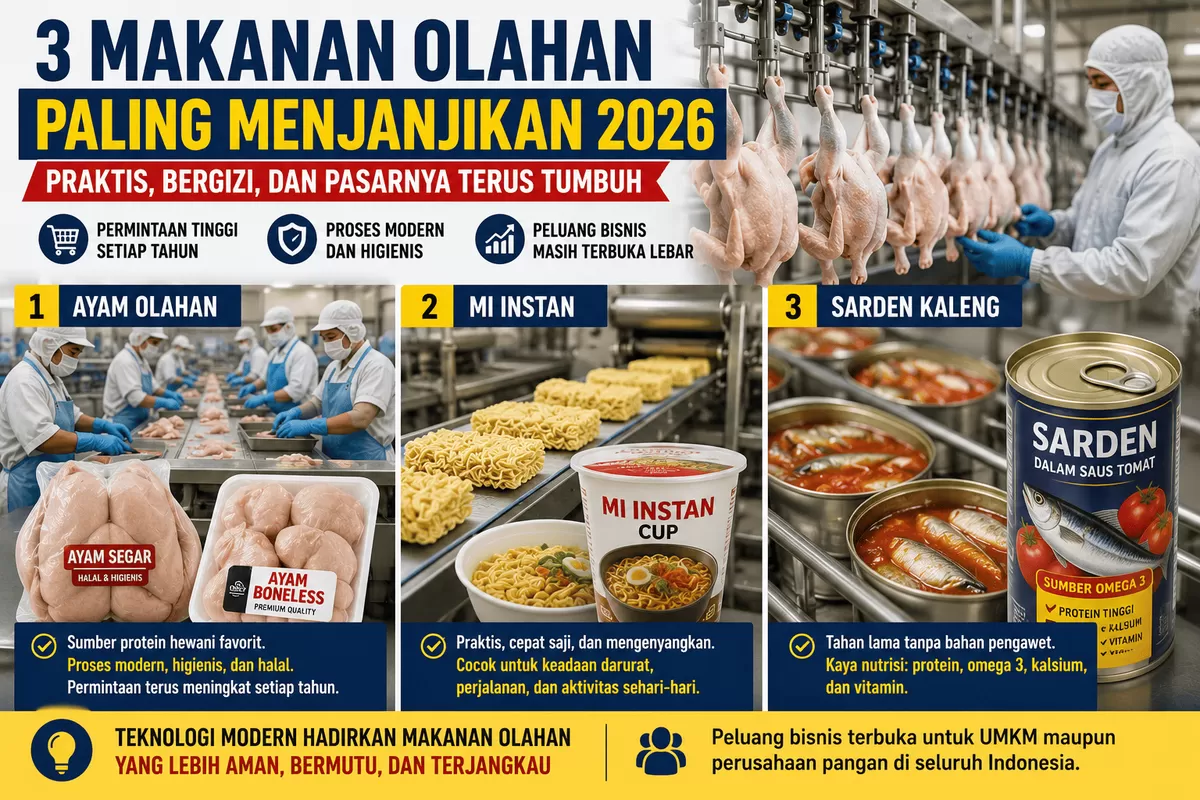 Permintaan makanan olahan terus meningkat seiring kebutuhan masyarakat akan pangan yang praktis, bergizi, dan tahan lama. Ayam olahan, mi instan, dan sarden kaleng menjadi sektor yang memiliki peluang bisnis menjanjikan di tengah berkembangnya industri pangan Indonesia.