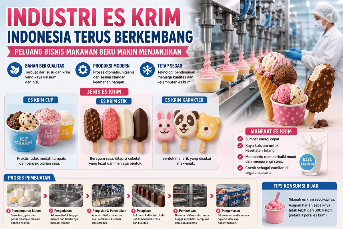 Industri es krim Indonesia terus berkembang berkat inovasi produk dan teknologi produksi yang semakin modern. Didukung permintaan pasar yang stabil, sektor ini masih menjadi salah satu peluang bisnis makanan beku yang menjanjikan.