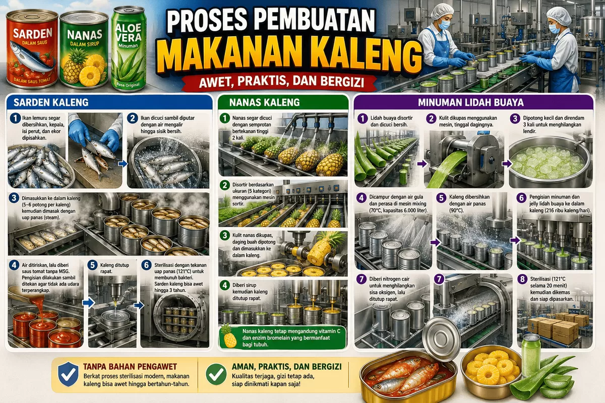Tahukah kamu? Sarden, nanas, dan minuman lidah buaya kaleng diproses secara higienis melalui sterilisasi modern sehingga bisa awet bertahun-tahun tanpa tambahan bahan pengawet.