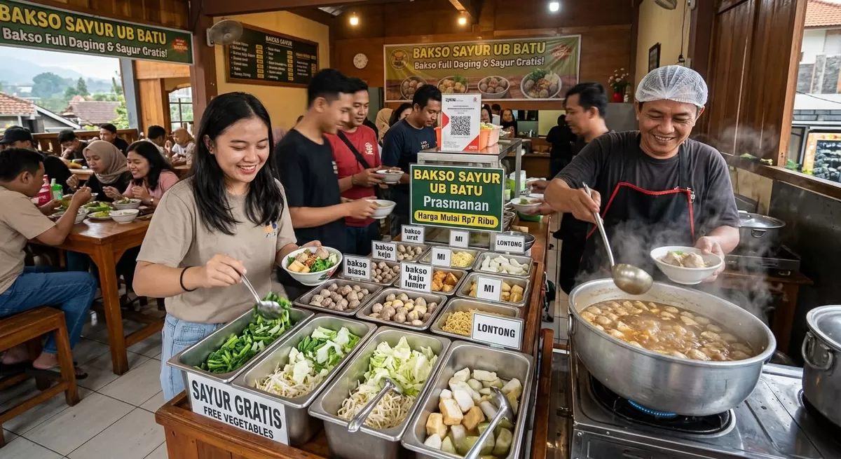 Bakso full daging, sayur gratis, kuah gurih, dan makan kenyang di bawah Rp20 ribu! Wajib mampir ke Bakso Sayur UB Batu. 