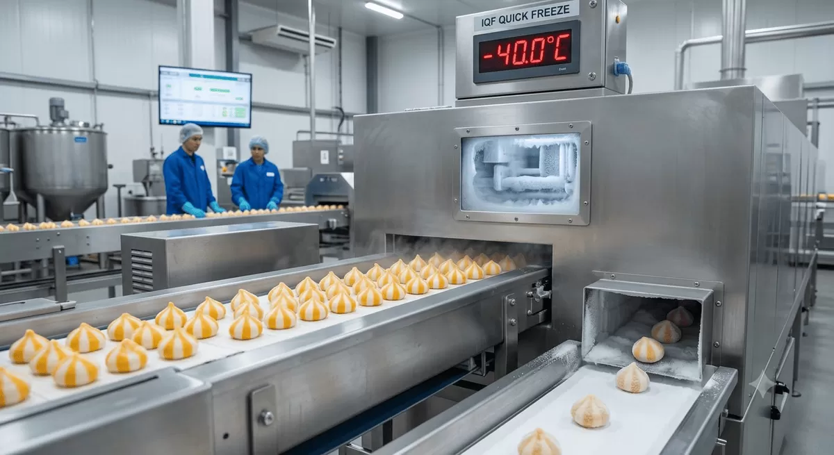 Proses pembekuan kilat pada suhu minus 40 derajat Celsius menjadi kunci utama untuk menjaga kesegaran dan keawetan dumpling keju di pabrik modern. Teknologi otomatis ini memastikan setiap butir dumpling tetap higienis, kenyal, dan memiliki daya simpan yang panjang hingga siap dipasarkan.