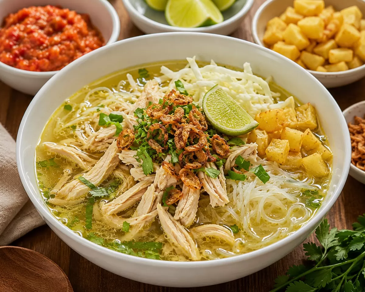 Kuah bening, rempah melimpah! Soto ayam gurih dengan sambal kemiri khas yang bikin setiap suapan makin nagih.