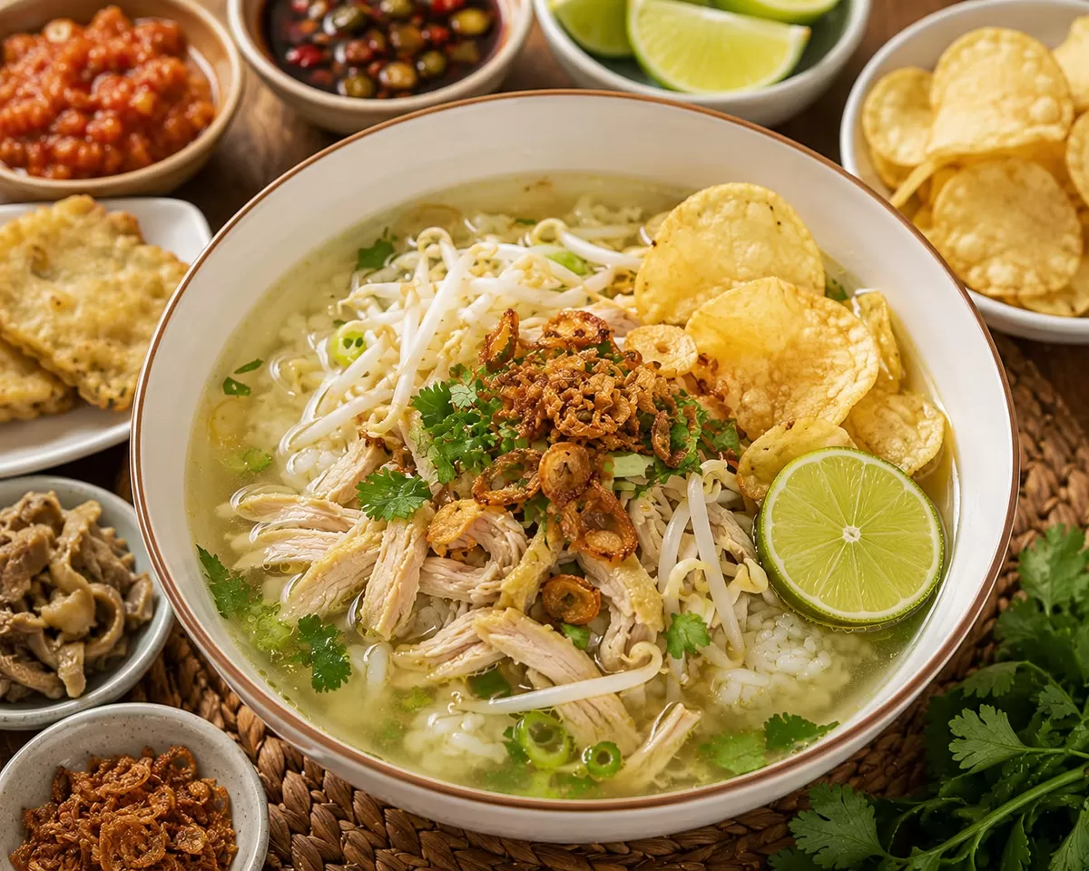 Soto seger ayam kampung dengan kuah bening, kaldu gurih, dan rempah yang ringan. Hangat, segar, dan bikin ingin tambah lagi!