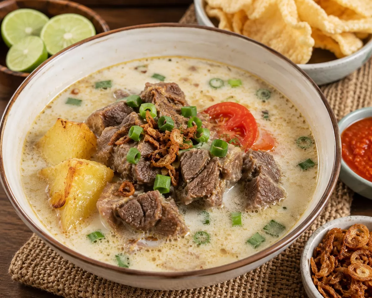 Kuah creamy, daging empuk, rempahnya bikin nagih. Soto Betawi susu, wajib coba!