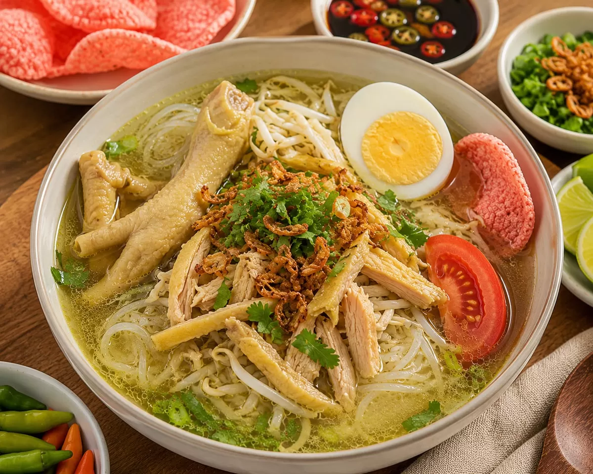 Soto ayam kuah bening dengan rempah yang meresap, gurih alami, dan segar di setiap suapan. Cocok jadi menu hangat favorit keluarga! 