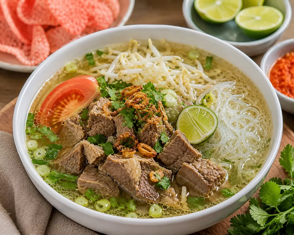 Soto daging sapi kuah bening dengan daging empuk dan rempah yang meresap. Gurih, segar, dan bikin setiap suapan terasa istimewa! 