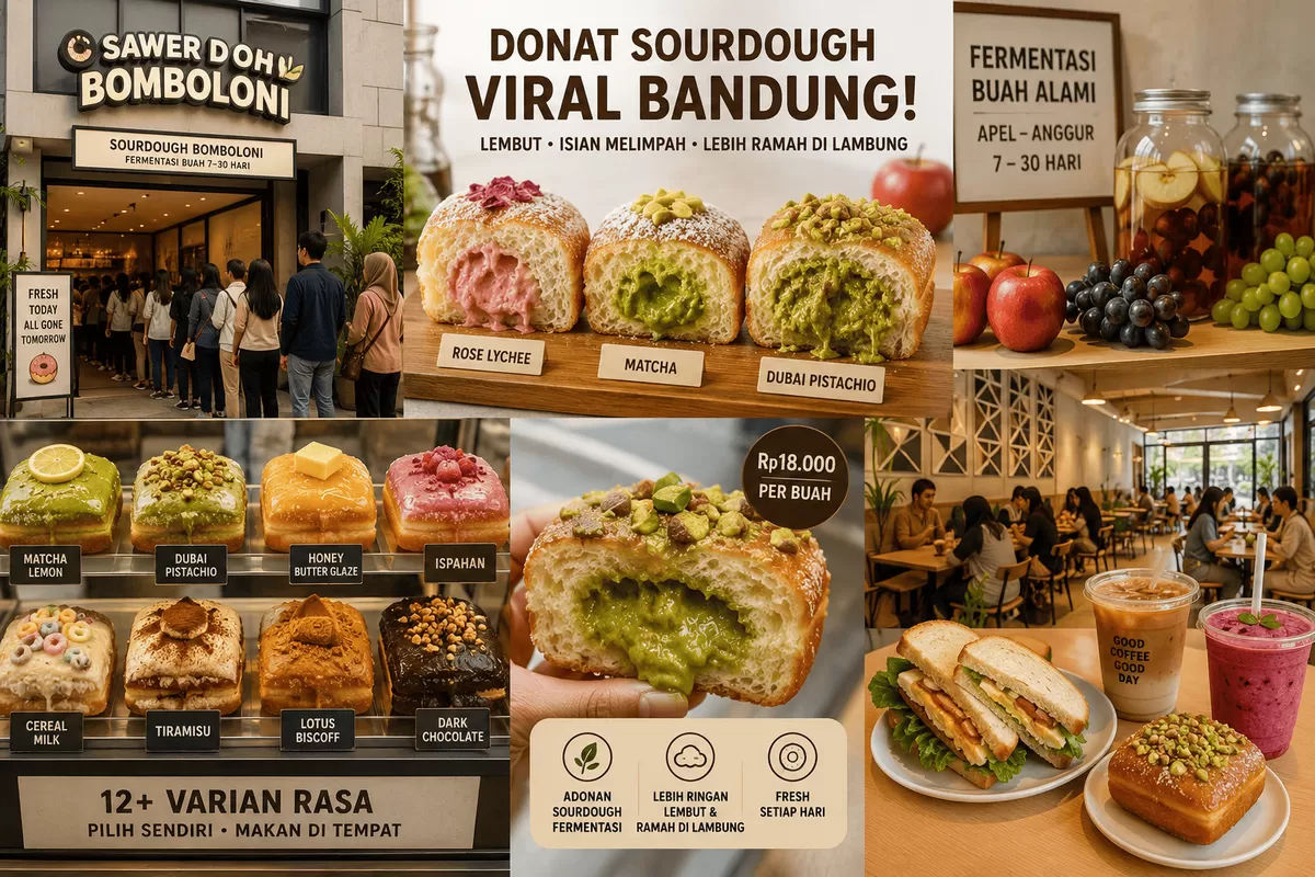 Donat sourdough viral di Bandung menawarkan tekstur lembut dan cita rasa khas berkat proses fermentasi buah alami. Dari bomboloni berisi melimpah hingga donat kotak yang estetik, kuliner ini wajib masuk daftar incaran para pecinta dessert.