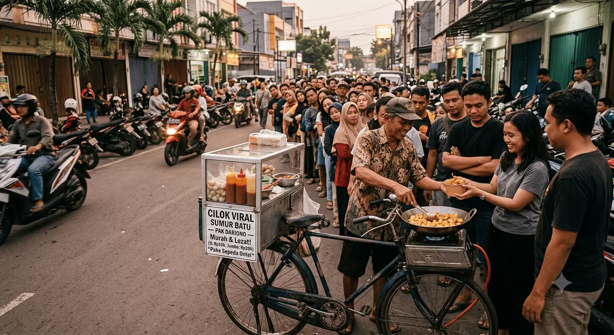 Definisi "Rasa Nggak Pernah Bohong"! ???? Sepeda ontelnya boleh jadul, tapi antrean Cilok Viral Sumur Batu milik Pak Dariono ini selalu bikin takjub setiap sore