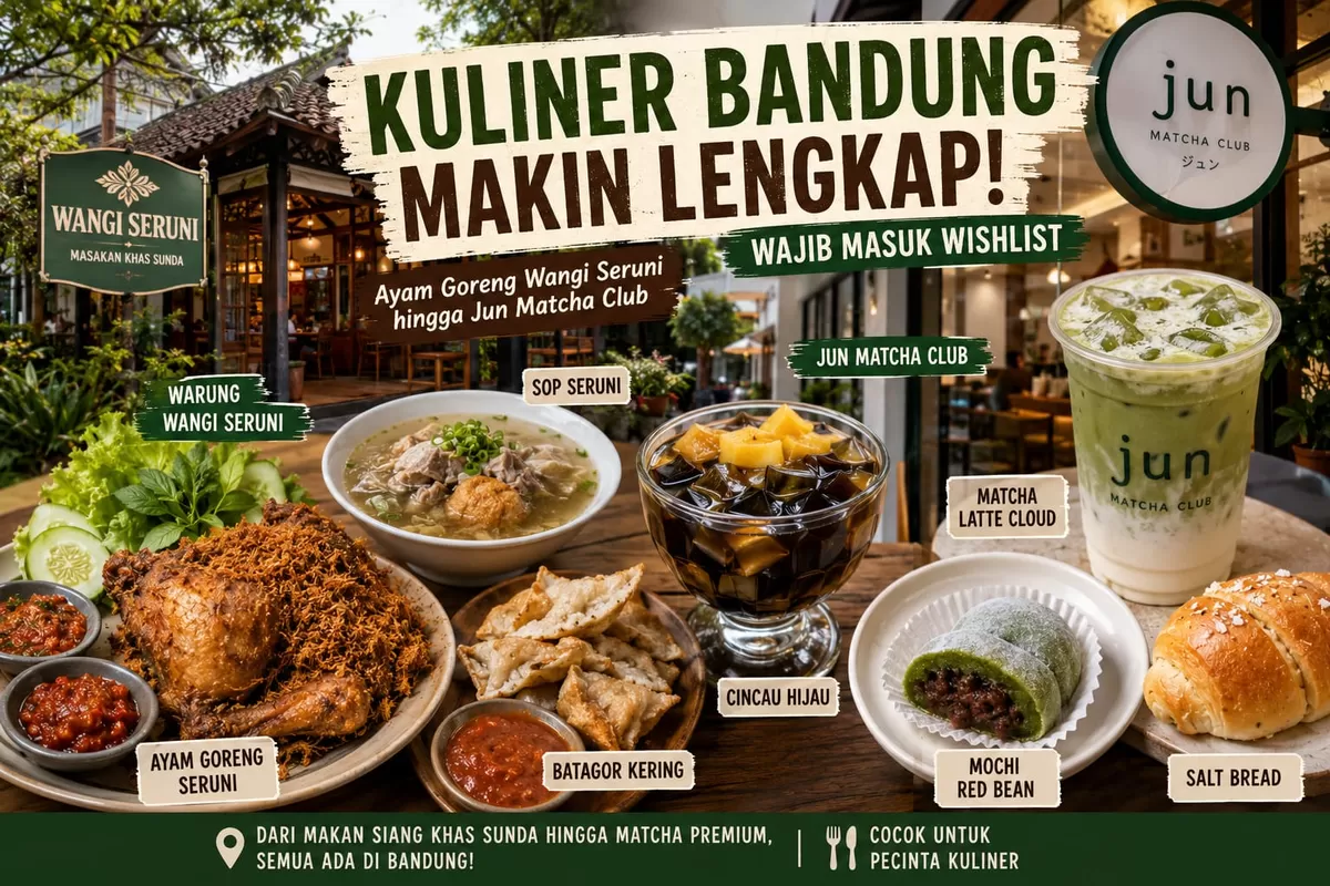 andung kembali menghadirkan destinasi kuliner yang patut dicoba. Mulai dari Ayam Goreng Wangi Seruni yang gurih dan kaya rempah hingga segelas matcha premium di Jun Matcha Club, keduanya menawarkan pengalaman kuliner yang menarik dalam satu perjalanan di Kota Kembang.