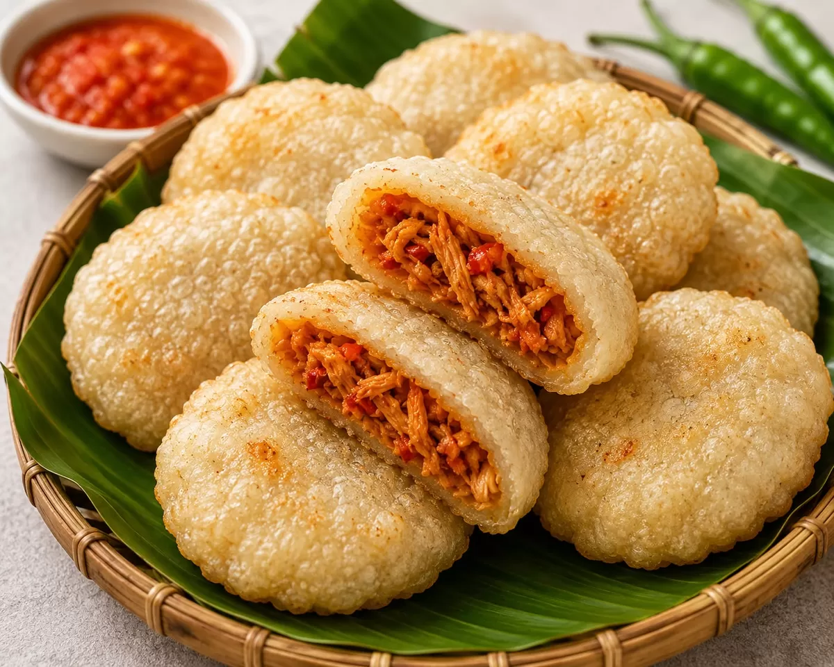 Renyah di luar, lembut di dalam, dengan isian ayam suwir pedas yang bikin nagih! 