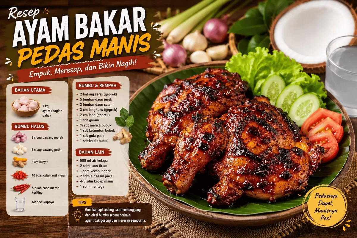 Ayam bakar pedas manis ini memiliki cita rasa gurih, pedas, dan manis yang meresap hingga ke dalam daging berkat perpaduan rempah dan air kelapa. Cocok menjadi menu spesial keluarga yang mudah dibuat dengan hasil lezat dan menggugah selera.