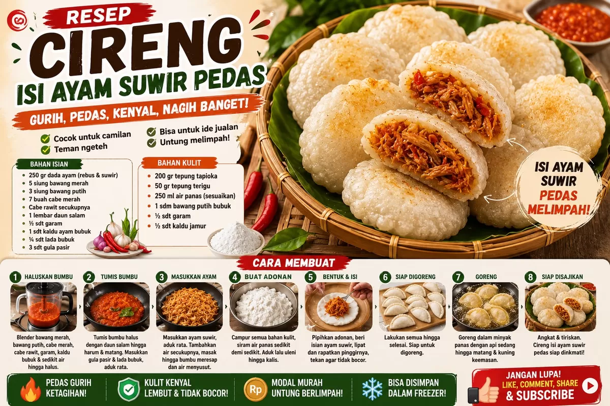 Cireng isi ayam suwir pedas, renyah di luar, lumer di dalam. Bikin nagih! 
