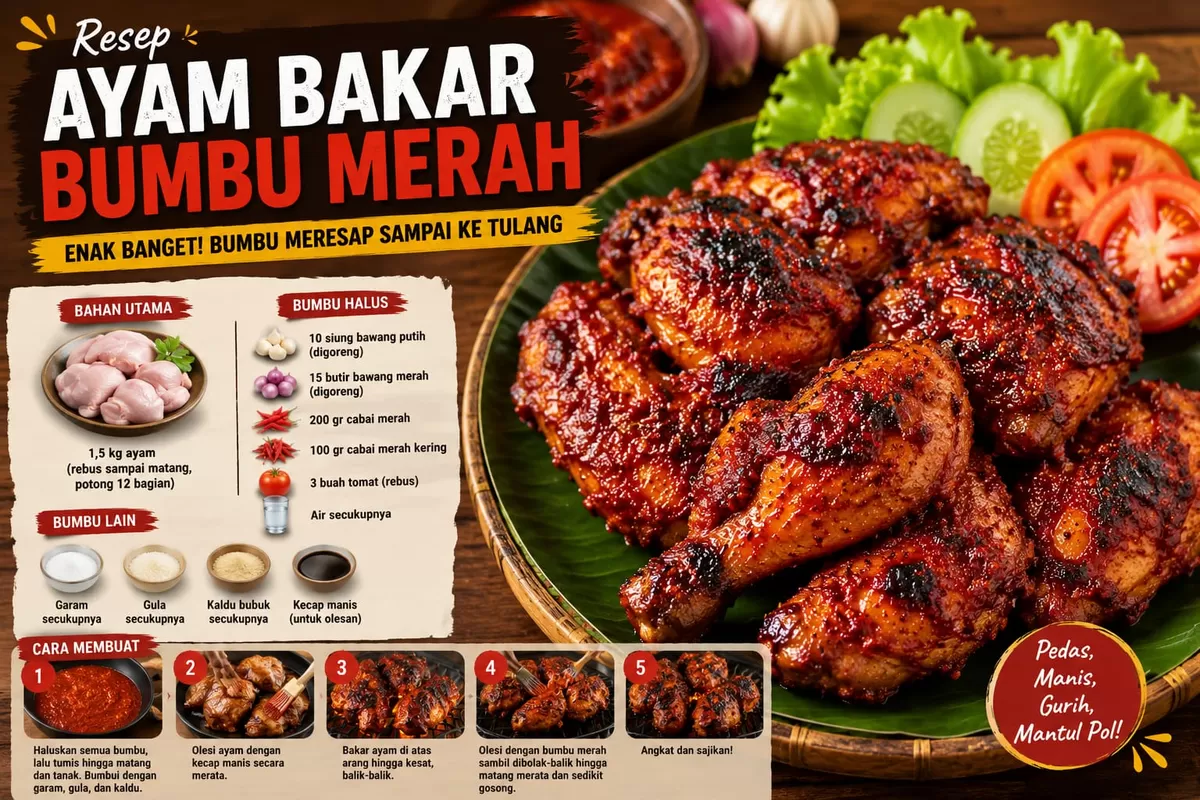 Ayam bakar bumbu merah ini memiliki cita rasa gurih, manis, dan sedikit pedas dengan bumbu yang meresap hingga ke tulang. Dipanggang di atas bara arang dan diolesi bumbu berulang kali, hidangan ini cocok menjadi menu spesial untuk dinikmati bersama keluarga.