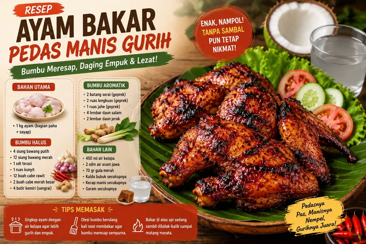 Ayam bakar pedas manis gurih ini dimasak dengan air kelapa sehingga bumbunya meresap sempurna dan dagingnya semakin empuk. Perpaduan rasa pedas, manis, dan gurih membuat hidangan ini cocok menjadi menu spesial untuk keluarga.