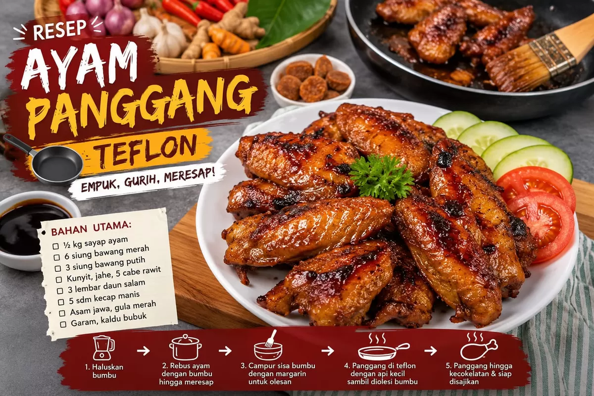 Ayam panggang teflon yang empuk, gurih, dan bumbunya meresap siap jadi menu andalan di rumah. Praktis tanpa oven, rasanya dijamin bikin nambah nasi!